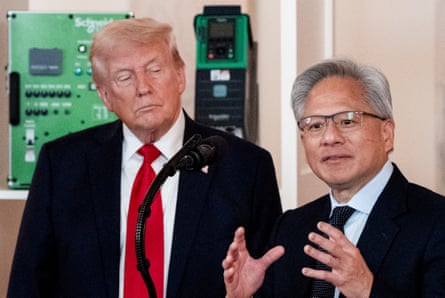 President Donald Trump, left, and Jensen Huang, co-founder and chief executive officer of Nvidia Corp., in the Cross Hall of the White House in Washington, April 2025