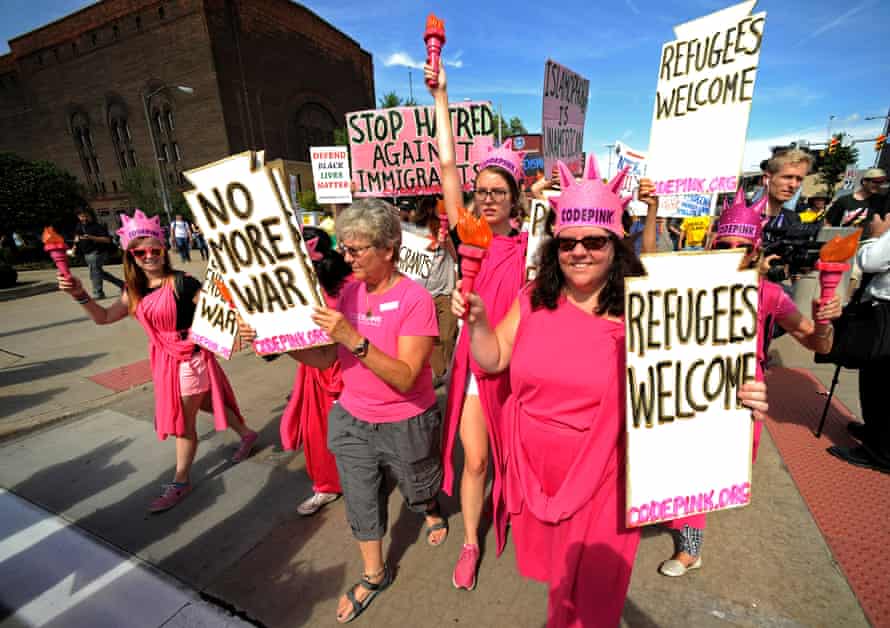 Code Pink activists march down Euclid Avenue during a demonstration against the Republican National Convention in Cleveland.