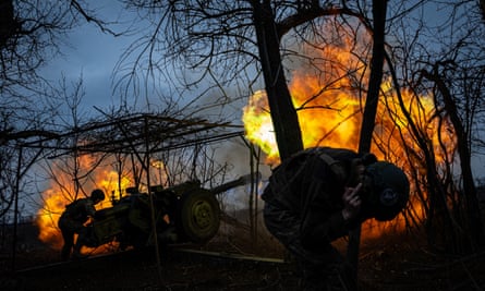 Ukrainian forces, which also use 122mm howitzers, fire towards Russian infantry along the frontline near Soledar in March.