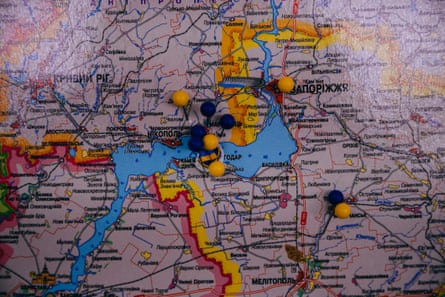 Pins on the map from IDPs who moved or were deported from the occupied areas, at the humanitarian hub in Zaporizhzhya