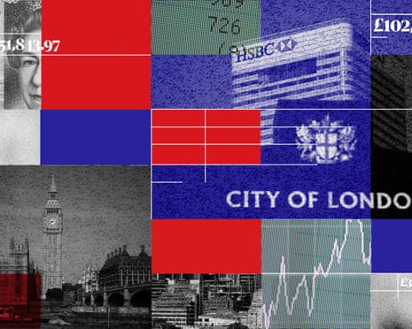 Collage illustration showing Houses of Parliament, HSBC bank building, amounts of money, a stock chart and City of London sign