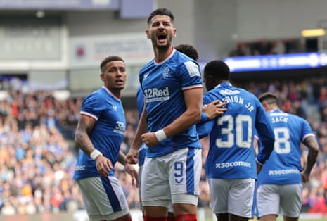 Rangers’ Antonio-Mirko Colak celebrates scoring their first goal after finding the net after Borna Barisic’s shot hit the post.