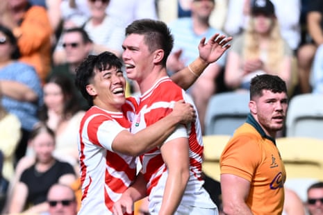 Harry Hockings celebrates a try for Japan against the Wallabies