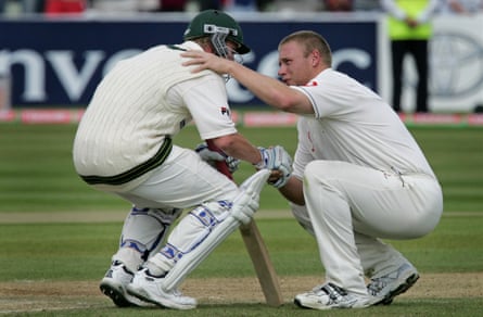 Andrew Flintoff consoles Brett Lee at Edgbaston.