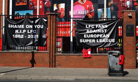 Banners are placed outside Anfield by fans to protest Liverpool’s decision to be included among the clubs forming a new European Super League in 2021