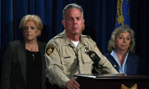 The Clark County sheriff Joe Lombardo, flanked by Las Vegas’s Mayor Carolyn Goodman, left, and US representative Dina Titus, speaks during a news conference on Tuesday.