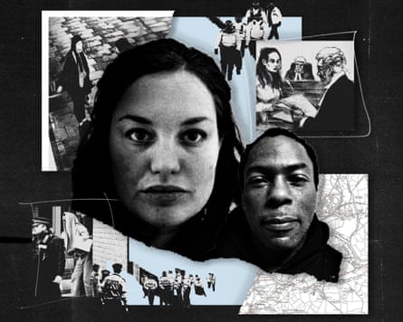 Constance Marten and Mark Gordon. From left clockwise; police searching for the couple and missing child, court sketch, map of area in search, police searching, Mark Gorden leaving prison