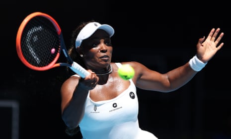 Sloane Stephens plays a forehand shot against Olivia Gadecki in their round one match at the Australian Open 2024