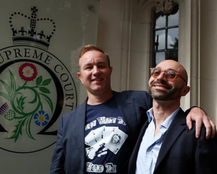 Former traders Tom Hayes (L) and Carlo Palombo (R) outside the Supreme Court in London, Britain, 23 July 2025