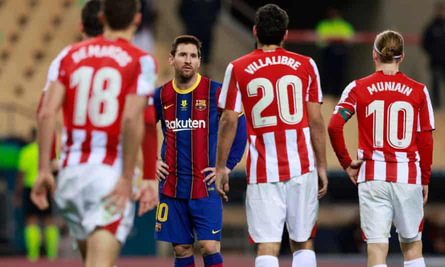 Lionel Messi reacts to the red card in Barcelona’s game against Athletic Bilbao that means he is suspended.