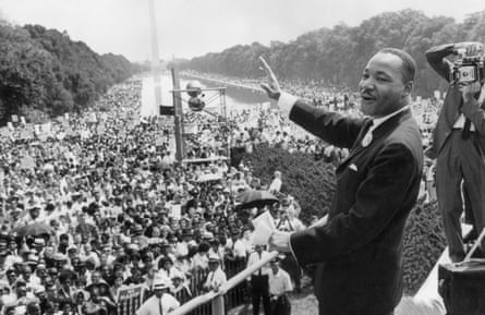 American civil rights activist Dr Martin Luther King Jr addresses a large crowd gathered at the Lincoln Memorial, Washington, DC, August 1963.