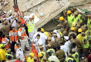 This image from 2006, shows the aftermath of the collapse of an eight-storey building being used as a hostel near the Grand Mosque, the day before the hajj began.