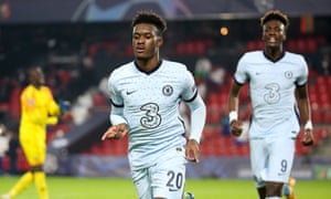 Callum Hudson-Odoi celebrates after scoring at Rennes in November. He was not on the bench for Chelsea’s next game.