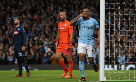 Gabriel Jesus celebrates after scoring Manchester City’s second goal after 13 minutes.