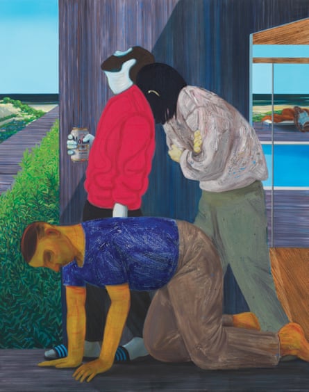 Painting of three figures outside a house