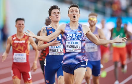 Britain’s Jake Wightman (front) finishes ahead of Norway’s Jakob Ingebrigtsen to win 1500m gold at the World Athletics Championships