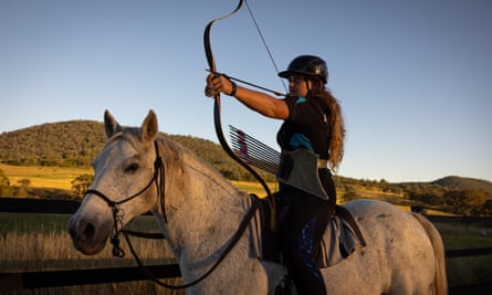 Horse archery competitor Kimberley Robertson at her farm in Hirstglen, Queensland.