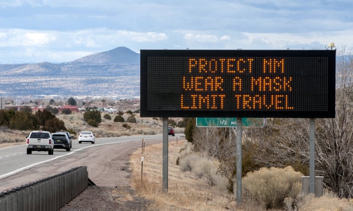 An information board along I-25 tells people some of the rules put in place by the emergency health order to help prevent the spread of Covid-19 in New Mexico, USA. The legislature is looking at scaling back some of the governor’s emergency powers.