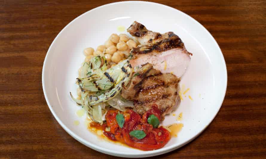 ‘Served with a dollop of salsa rossa’: chicken with chickpeas.