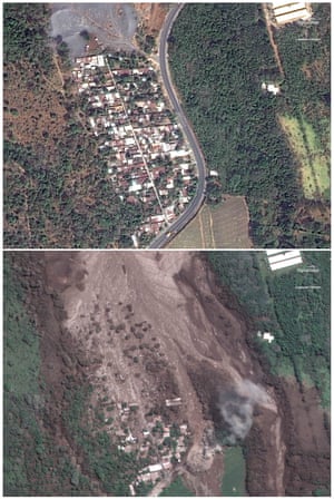 Two satellite images show San Miguel Los Lotes, pictured on 5 February (top) and the same area on 6 June after the eruption.