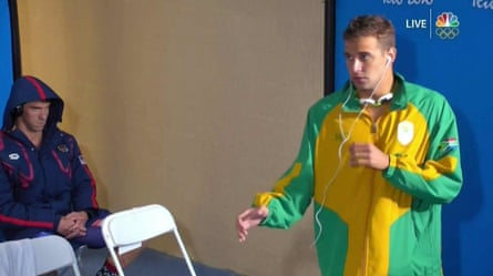 Michael Phelps’sd death stare as Chad Le Clos warms up.