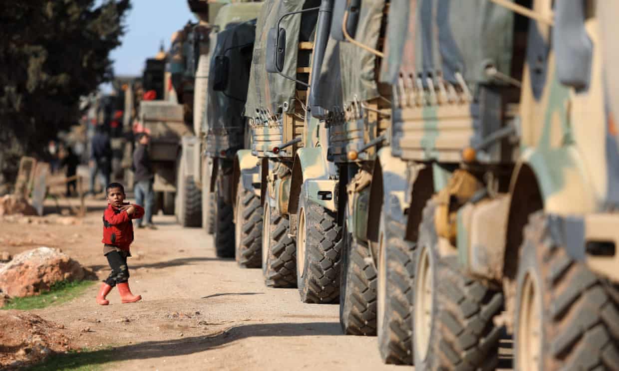 A Turkish military convoy on the highway to Idlib, northern Syria, March 2020.