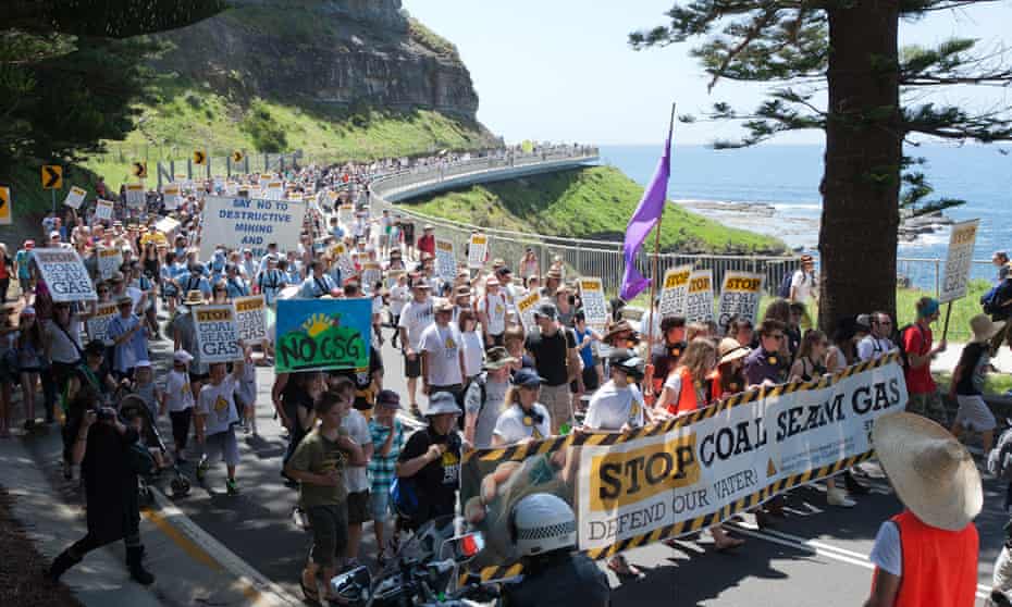 Anti-coal seam gas protesters walking along the Sea Cliff Bridge in October 2011.