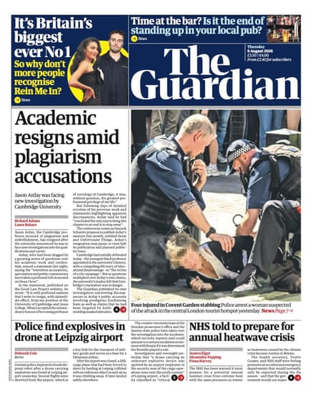 Front page of the Guardian 6 August 2026