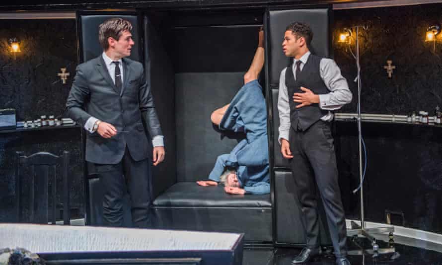‘I keep as limber as possible’ … Anah Ruddin is stuffed into the cupboard by Sam Frenchum (as Hal, left) and Calvin Demba (as Dennis).