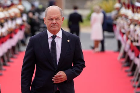 German chancellor Olaf Scholz arrives at the international ceremony at Omaha beach, in Normandy.