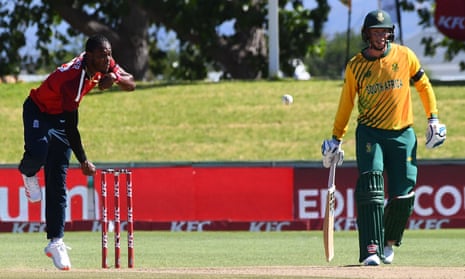 England’s Jofra Archer bowls as Rassie van der Dussen looks on during Sunday’s T20 in Paarl. The tourists won and Archer completed four overs for 18.