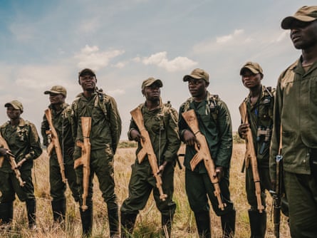 Rangers with wooden rifles on a training drill in Upemba national park.