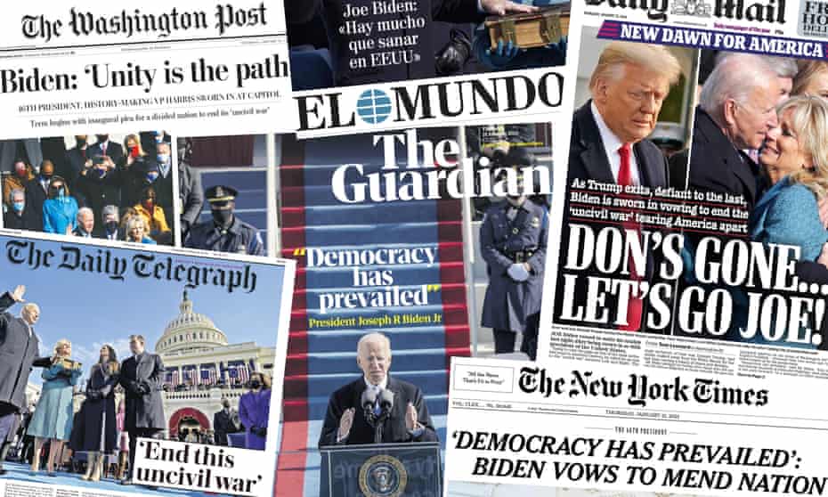 Front pages from papers around the world on Thursday morning marking Joe Biden’s inauguration.