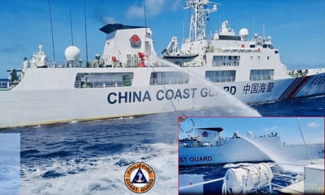 A Philippine coast guard photo released on 6 August shows a Chinese ship firing water cannon. The Philippines said it happened during a resupply mission on 5 August.
