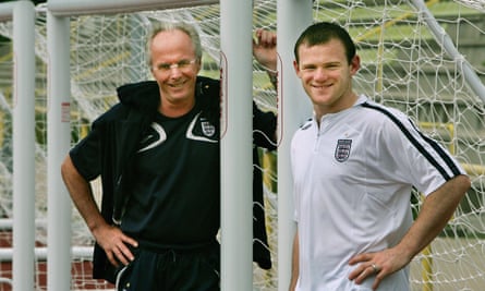 Sven-Göran Eriksson standing in a goal with Wayne Rooney