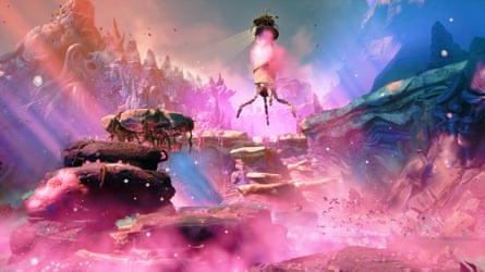 A screenshot of video game Keeper, with a lighthouse launching into the air above a pink substance.
