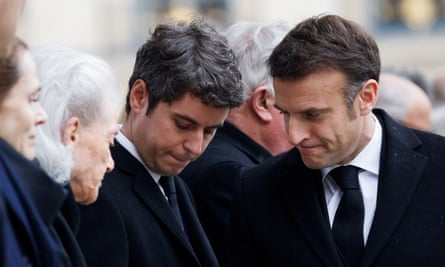 Macron and the French prime minister, Gabriel Attal, with Badinter’s widow, Elisabeth Badinter.