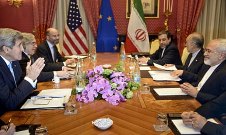 Robert Malley (third from left attends a meeting with Iranian officials, including Foreign Minister Javad Zarif (far R) in Swizterland in 2015. 