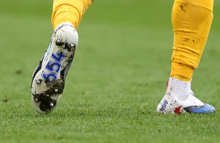James Milner’s left boots bearing the number 654 on the bottom to mark his breaking the Premier League appearance record