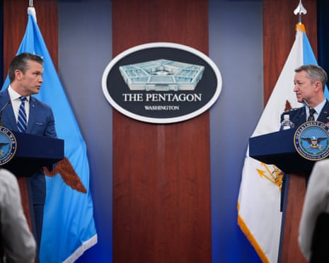 Pete Hegseth and General Dan Caine speak to reporters at the Pentagon on 8 April after it was announced that a temporary ceasefire had been reached between the US, Iran, and Israel.