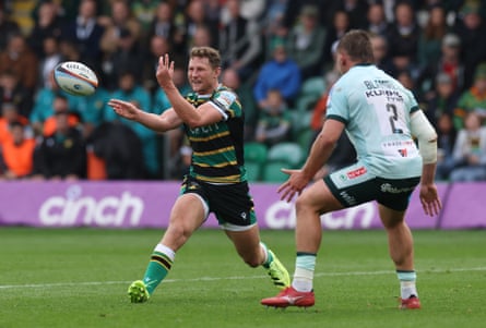 Fraser Dingwall passes the ball during the Prem match between Northampton and Leicester.