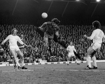 Kevin Keegan heads the ball for Liverpool against Zurich in the 1976-77 European Cup semi-final, second leg.