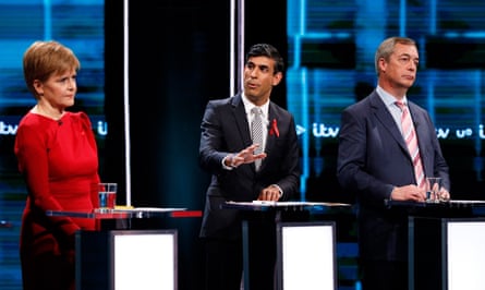 (L-R) Scottish National Party leader Nicola Sturgeon, Conservative party’s Rishi Sunak, and Brexit Party leader Nigel Farage during the ITV Election Debate in London