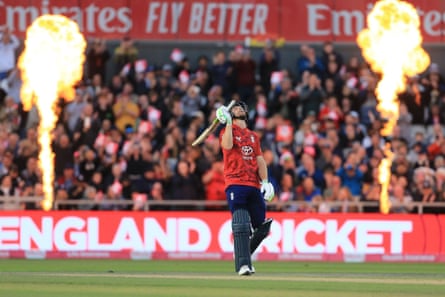 Jos Buttler looks to the skies after reaching 50 against South Africa at Old Trafford this month