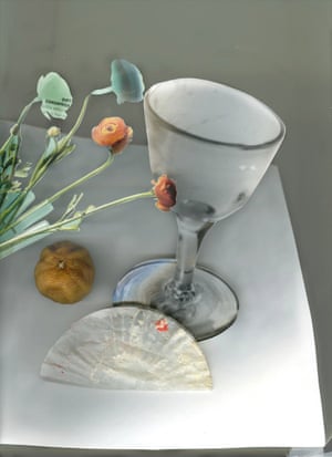 Untitled #1 (from the series Albeit), 2013 Laura Letinsky has explored what constitutes a photograph throughout her career. Shifting from photographing people to still lifes, her carefully crafted scenes often focus on remnants of meals, examining perception and photography’s transformative qualities. In her 2013 series Albeit, Letinsky uses flatbed scanners and magazine cutouts to dissolve hierarchies between high and low imagery, embracing the scanner’s restrictions to explore form. The layered compositions, featuring fruit, cakes, goblets, and cutlery, suggest meals consumed while reflecting on how photographs instruct how we build our lives.