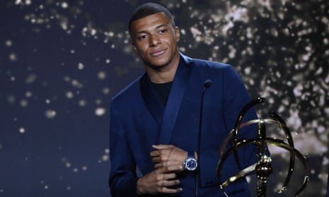 Kylian Mbappé collects the Ligue 1 player of the year award at Sunday’s French players’ union ceremony on Sunday.