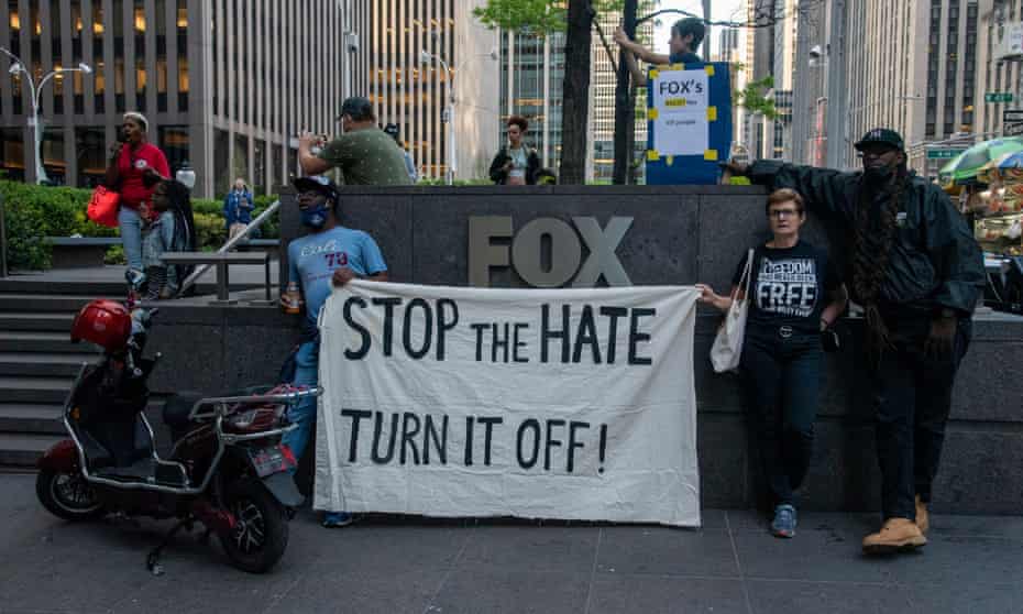 Protesters gather outside Fox News, claiming their ideologies teach white supremacy that leads to hate crimes.