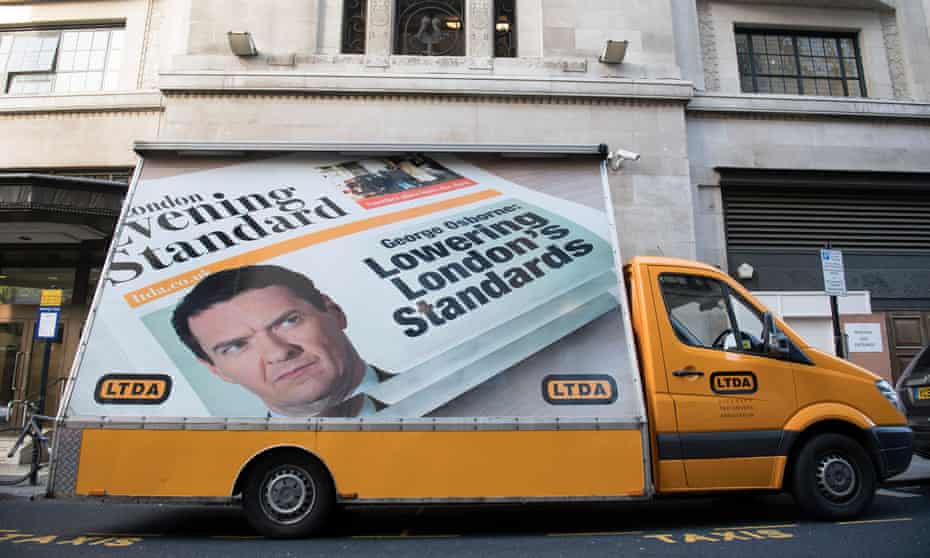 a van mounted with a billboard mocking George Osborne's appointment as editor of the London Evening Standard