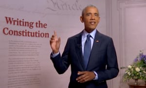 Barack Obama addresses the Democratic national convention, in August.