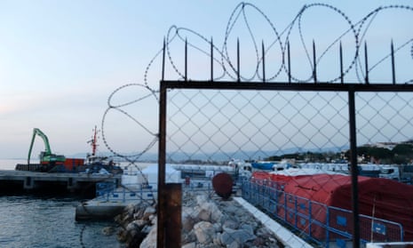 Tents and barbed wire at Dikili Harbour in Izmir, Turkey
